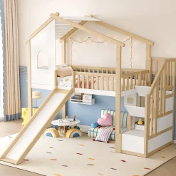 Lit mezzanine cabane 90x200 cm - Lit avec rangement sous l'escalier et toboggan - Pin naturel - Sans matelas - Blanc et Naturel