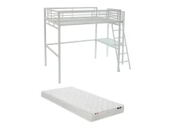 Lit mezzanine CASUAL II - 140 x 190 cm - plateforme bureau - Blanc + matelas