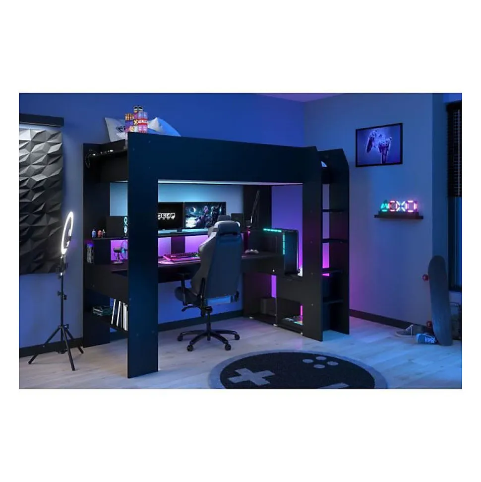 Lit mezzanine combine enfant LED Gamer ONLINE - 90 x 200 cm - Noir mat - Sommier inclus - PARISOT