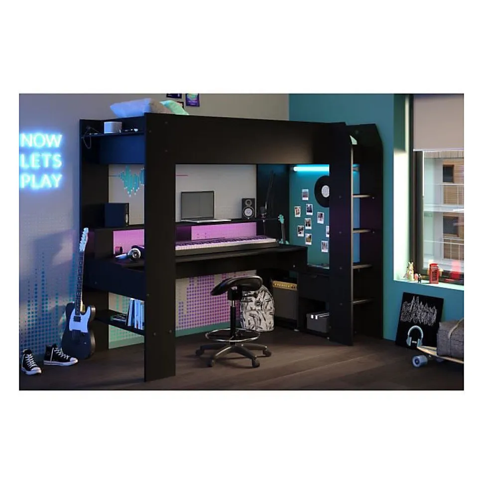 Lit mezzanine combine enfant LED Gamer ONLINE - 90 x 200 cm - Noir mat - Sommier inclus - PARISOT
