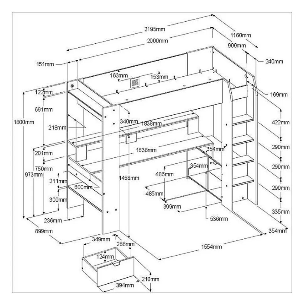 Lit mezzanine combine enfant LED Gamer ONLINE - 90 x 200 cm - Noir mat - Sommier inclus - PARISOT