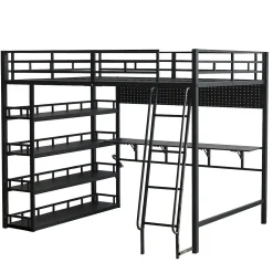 Lit mezzanine double 140x200 cm en métal avec rangements multiples, étagères, échelle à 4 marches et prise intégrée - noir