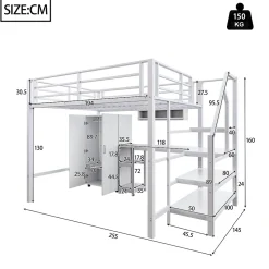 Lit Mezzanine Double 140x200 cm - Avec Bureau et Armoire Intégrés, Escalier avec Rangements - Sans Matelas - Blanc