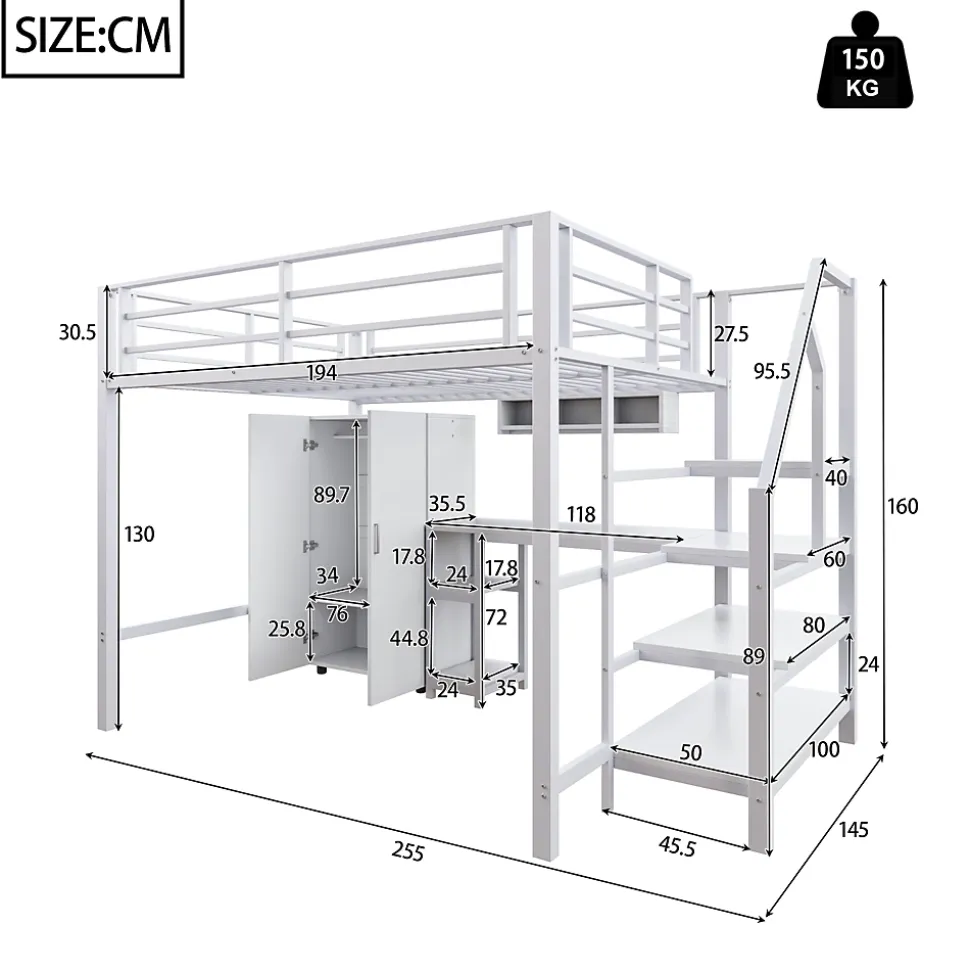 Lit Mezzanine Double 140x200 cm - Avec Bureau et Armoire Intégrés, Escalier avec Rangements - Sans Matelas - Blanc