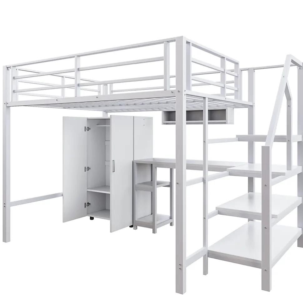 Lit Mezzanine Double 140x200 cm - Avec Bureau et Armoire Intégrés, Escalier avec Rangements - Sans Matelas - Blanc