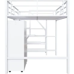 Lit Mezzanine Double 140x200 cm - Avec Bureau et Armoire Intégrés, Escalier avec Rangements - Sans Matelas - Blanc