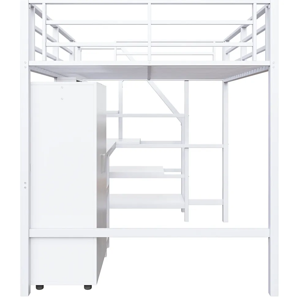 Lit Mezzanine Double 140x200 cm - Avec Bureau et Armoire Intégrés, Escalier avec Rangements - Sans Matelas - Blanc