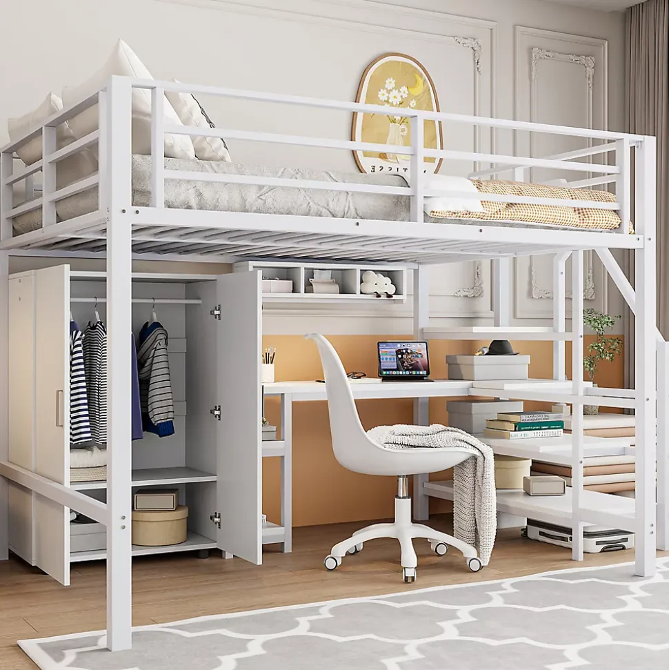 Lit Mezzanine Double 140x200 cm - Avec Bureau et Armoire Intégrés, Escalier avec Rangements - Sans Matelas - Blanc