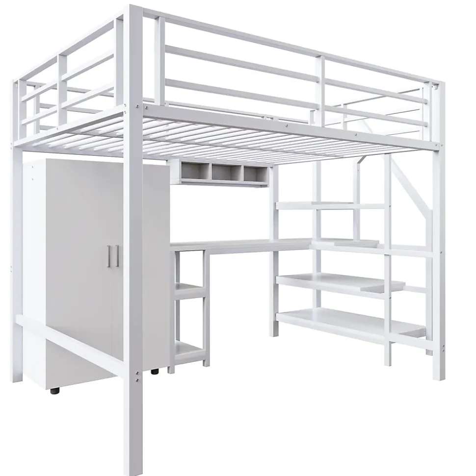 Lit Mezzanine Double 140x200 cm - Avec Bureau et Armoire Intégrés, Escalier avec Rangements - Sans Matelas - Blanc