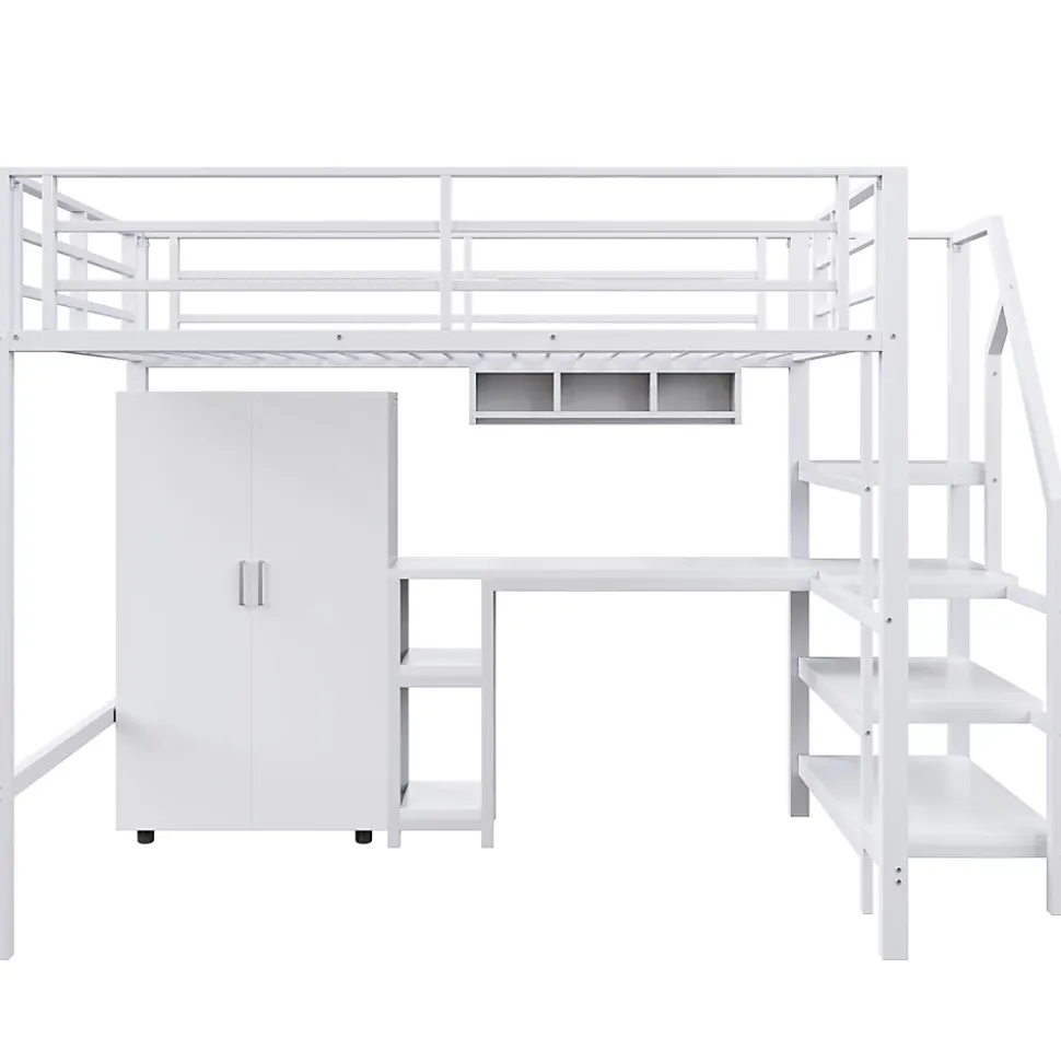 Lit Mezzanine Double 140x200 cm - Avec Bureau et Armoire Intégrés, Escalier avec Rangements - Sans Matelas - Blanc