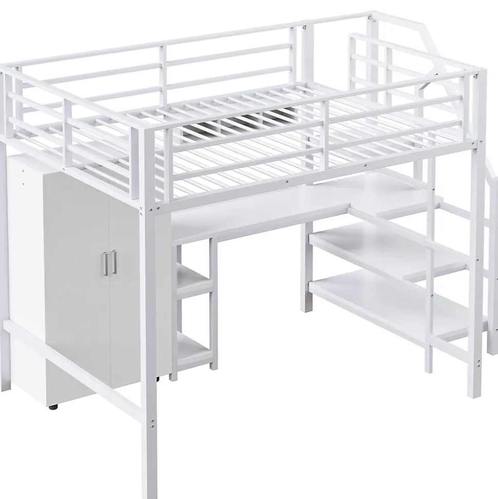 Lit Mezzanine Double 140x200 cm - Avec Bureau et Armoire Intégrés, Escalier avec Rangements - Sans Matelas - Blanc
