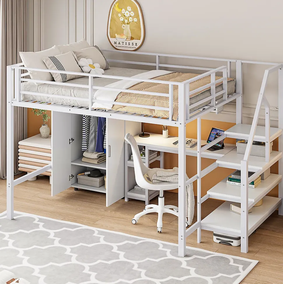 Lit Mezzanine Double 140x200 cm - Avec Bureau et Armoire Intégrés, Escalier avec Rangements - Sans Matelas - Blanc