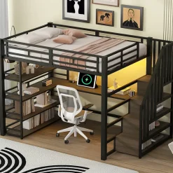 Lit Mezzanine Double 140x200 cm - Éclairage LED et Escaliers Sécurisés, Bureau Intégré et Rangements, sans Matelas - Métal Noir