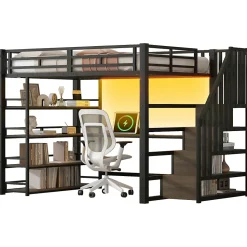 Lit Mezzanine Double 140x200 cm - Éclairage LED et Escaliers Sécurisés, Bureau Intégré et Rangements, sans Matelas - Métal Noir