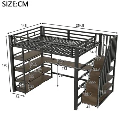 Lit Mezzanine Double 140x200 cm - Éclairage LED et Escaliers Sécurisés, Bureau Intégré et Rangements, sans Matelas - Métal Noir
