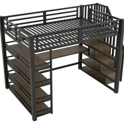 Lit Mezzanine Double 140x200 cm - Éclairage LED et Escaliers Sécurisés, Bureau Intégré et Rangements, sans Matelas - Métal Noir