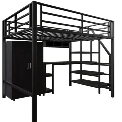 Lit Mezzanine Double 140x200 cm - Avec Bureau et Armoire, Escalier avec Rangements Intégrés - Sans Matelas - Noir