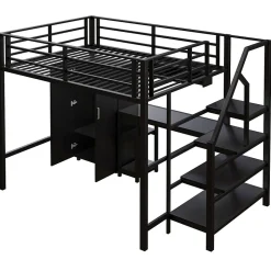 Lit Mezzanine Double 140x200 cm - Avec Bureau et Armoire, Escalier avec Rangements Intégrés - Sans Matelas - Noir
