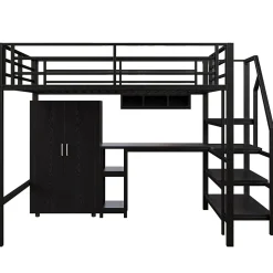 Lit Mezzanine Double 140x200 cm - Avec Bureau et Armoire, Escalier avec Rangements Intégrés - Sans Matelas - Noir