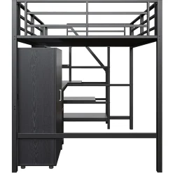 Lit Mezzanine Double 140x200 cm - Avec Bureau et Armoire, Escalier avec Rangements Intégrés - Sans Matelas - Noir