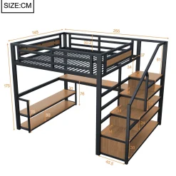 Lit mezzanine double 140x200 cm en métal avec bureau et étagères intégrés - gain de place pour chambre ado - noir