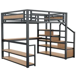 Lit mezzanine double 140x200 cm en métal avec bureau et étagères intégrés - gain de place pour chambre ado - noir