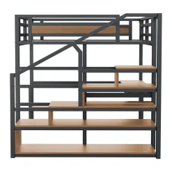 Lit mezzanine double 140x200 cm en métal avec bureau et étagères intégrés - gain de place pour chambre ado - noir