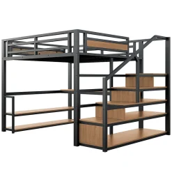 Lit mezzanine double 140x200 cm en métal avec bureau et étagères intégrés - gain de place pour chambre ado - noir