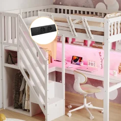 Lit mezzanine en bois massif 90x200cm LED - avec échelle de rangement - bureau et port USB - blanc (matelas non inclus)