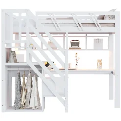 Lit mezzanine en bois massif 90x200cm LED - avec échelle de rangement - bureau et port USB - blanc (matelas non inclus)
