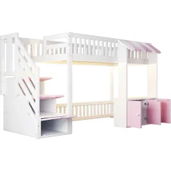 Lit mezzanine en bois 90x200cm - avec armoire - escalier de rangement - éclairage LED - rose (matelas non inclus)