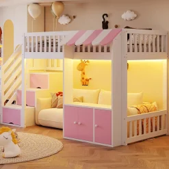 Lit mezzanine en bois 90x200cm - avec armoire - escalier de rangement - éclairage LED - rose (matelas non inclus)