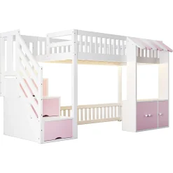 Lit mezzanine en bois 90x200cm - avec armoire - escalier de rangement - éclairage LED - rose (matelas non inclus)