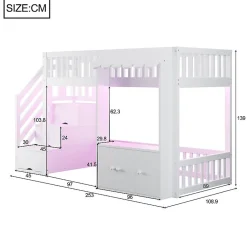 Lit mezzanine en bois 90x200cm - avec armoire - escalier de rangement - éclairage LED - blanc (matelas non inclus)