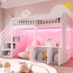 Lit mezzanine en bois 90x200cm - avec armoire - escalier de rangement - éclairage LED - blanc (matelas non inclus)