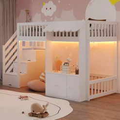 Lit mezzanine en bois 90x200cm - avec armoire - escalier de rangement - éclairage LED - blanc (matelas non inclus)