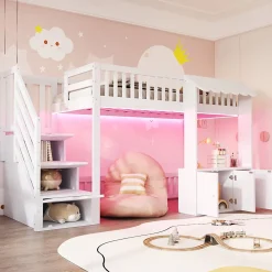 Lit mezzanine en bois 90x200cm - avec armoire - escalier de rangement - éclairage LED - blanc (matelas non inclus)