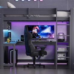 Lit mezzanine en bois 90x200cm - Avec bureau et compartiments de rangement - LED et port de chargement - Gris (sans matelas)