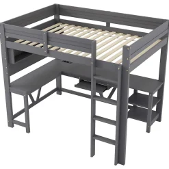 Lit mezzanine en bois 90x200cm - Avec bureau et compartiments de rangement - LED et port de chargement - Gris (sans matelas)