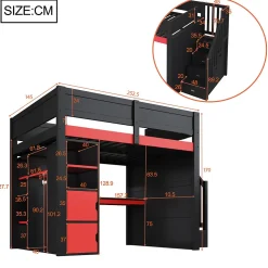 Lit mezzanine en bois 140x200cm avec LED et port USB - Bureau et armoire - Échelle de rangement - Noir+Rouge (sans matelas)