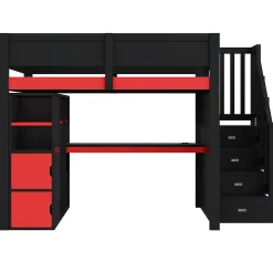 Lit mezzanine en bois 140x200cm avec LED et port USB - Bureau et armoire - Échelle de rangement - Noir+Rouge (sans matelas)