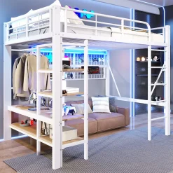Lit mezzanine en fer 140 x 200 cm avec bande lumineuse LED, compartiment de rangement, tringle à vêtements, sans matelas, blanc