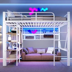 Lit mezzanine en fer 140 x 200 cm avec bande lumineuse LED, compartiment de rangement, tringle à vêtements, sans matelas, blanc