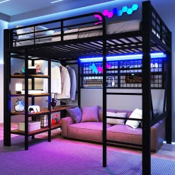 Lit mezzanine en fer 140 x 200 cm avec bande lumineuse LED, compartiment de rangement, tringle à vêtements, sans matelas, noir
