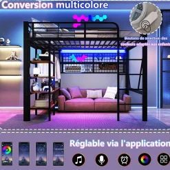 Lit mezzanine en fer 140 x 200 cm avec bande lumineuse LED, compartiment de rangement, tringle à vêtements, sans matelas, noir
