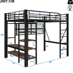 Lit mezzanine en fer 140 x 200 cm avec bande lumineuse LED, compartiment de rangement, tringle à vêtements, sans matelas, noir