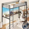 Lit Mezzanine en Métal avec Échelle 200X90CM avec Station de Charge Lumières Ambiance et Bureau Angle L 3 Étagères Noir