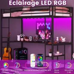 Lit Mezzanine en Métal avec Échelle 200X90CM avec Station de Charge Lumières Ambiance et Bureau Angle L 3 Étagères Noir