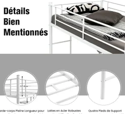 Lit Mezzanine en Métal avec Bureau, Lit Superposé 2 en 1 avec Poste de Travail, 2 Échelles et Garde-Corps, Blanc