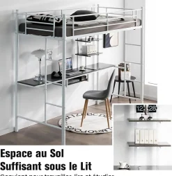 Lit Mezzanine en Métal avec Bureau, Lit Superposé 2 en 1 avec Poste de Travail, 2 Échelles et Garde-Corps, Blanc